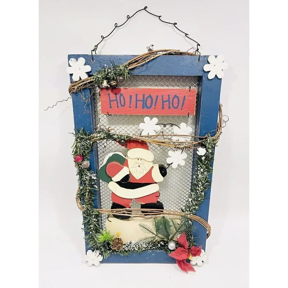 Christmas Santa Wall Hanging Wood Decor Sign HO HO HO Door Red White Blue